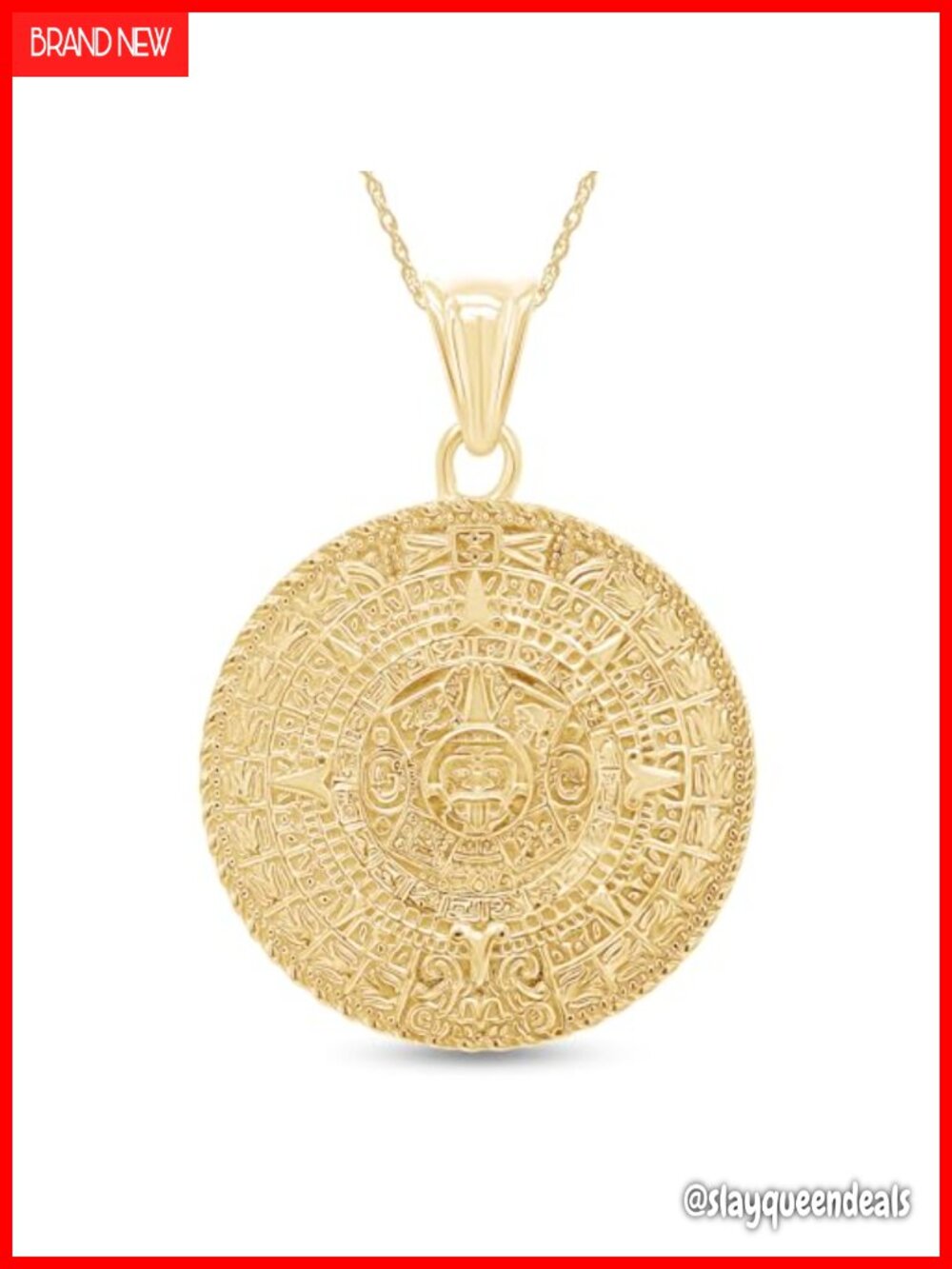 Aztec Mayan Sun Calendar Medallion Pendant Necklace 925 Sterling Silver 14K